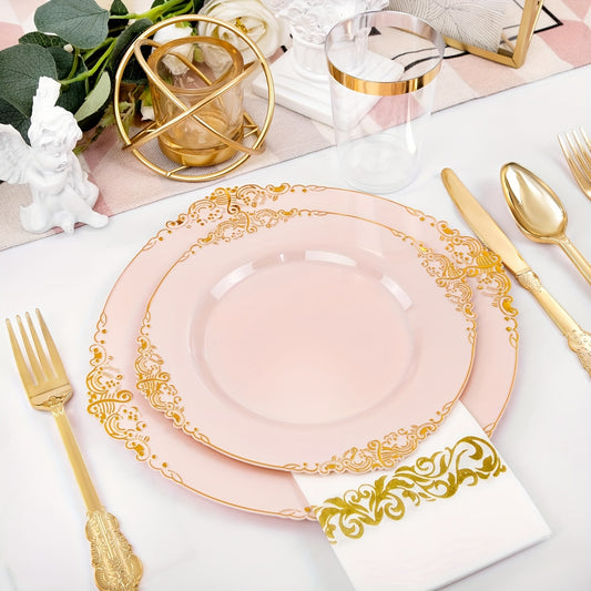 350PCS Pink and Gold Plastic Plates - Pink Plastic Dinnerware Sets for 50 Guests - 100 Pink Disposable Plates, 150 Gold Plastic Silverware, 50 Cups, 50 Napkins for Wedding & Mother's Day