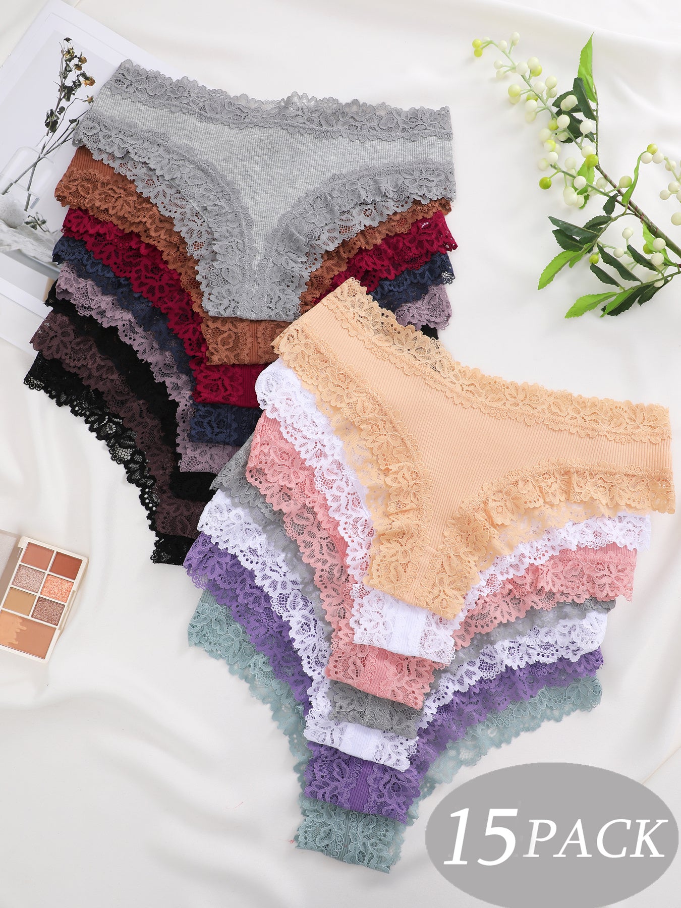 15 Pieces Cotton Seamless Lace Panties, Sexy Panties For Women, Comfortable Underwear, Floral Thong For Women