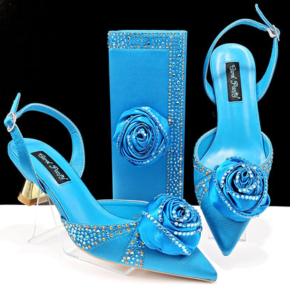 Women's Shoes And Bags Handmade Flower Decoration High Temperature Rhinestone Satin High Heels Suit