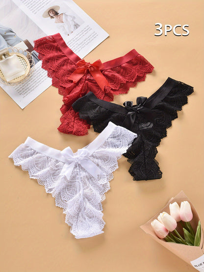 3pcs Solid Lace Thongs, Sexy Comfy Breathable Stretchy Intimates Panties, Women's Lingerie & Underwear