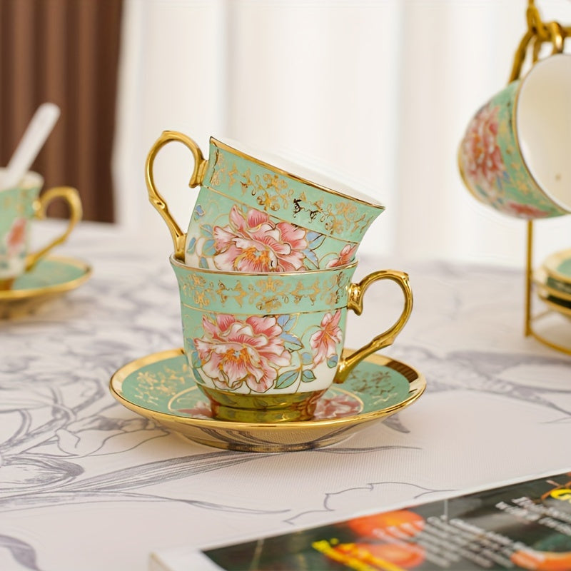 20 Pcs, Ceramic Tea Set, Coffee Pot, Floral Ceramic Tea Cup with Saucer, Afternoon Tea Set Porcelain Tea Set With Metal