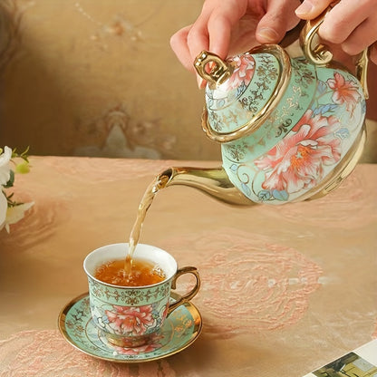 20 Pcs, Ceramic Tea Set, Coffee Pot, Floral Ceramic Tea Cup with Saucer, Afternoon Tea Set Porcelain Tea Set With Metal