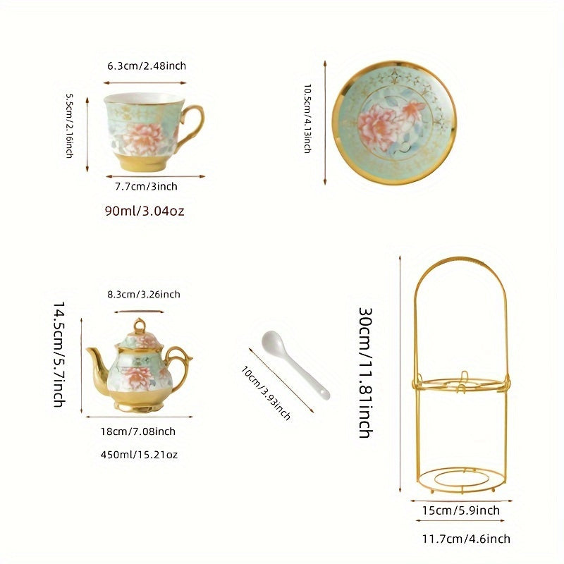 20 Pcs, Ceramic Tea Set, Coffee Pot, Floral Ceramic Tea Cup with Saucer, Afternoon Tea Set Porcelain Tea Set With Metal