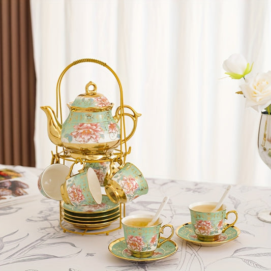 20 Pcs, Ceramic Tea Set, Coffee Pot, Floral Ceramic Tea Cup with Saucer, Afternoon Tea Set Porcelain Tea Set With Metal