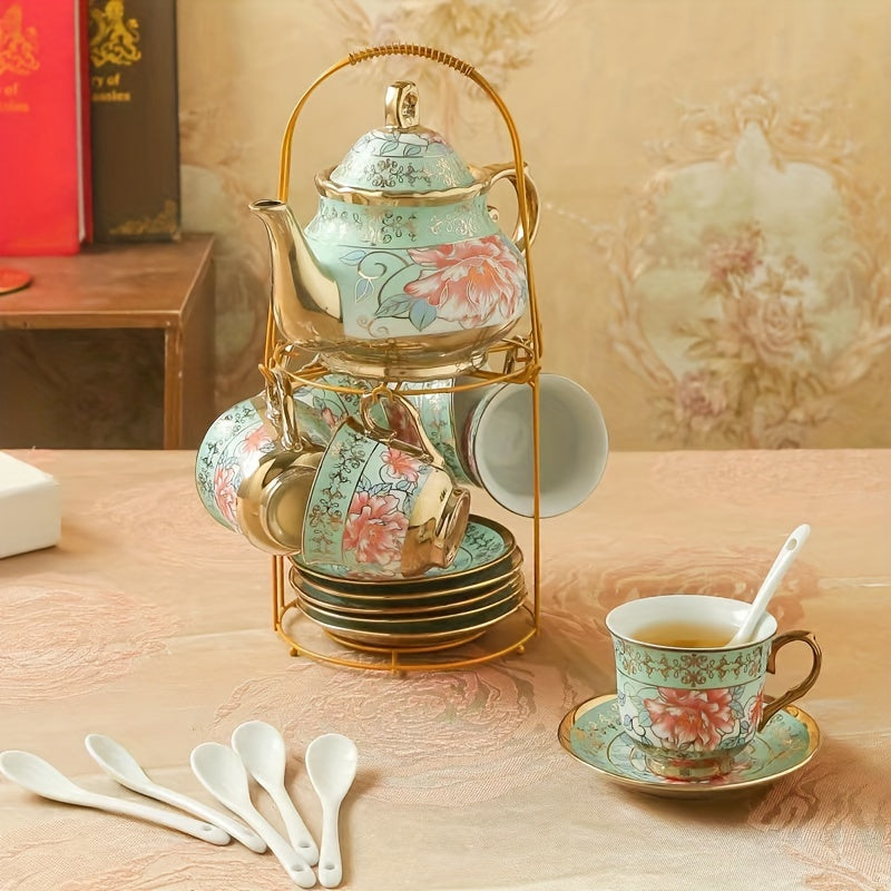 20 Pcs, Ceramic Tea Set, Coffee Pot, Floral Ceramic Tea Cup with Saucer, Afternoon Tea Set Porcelain Tea Set With Metal