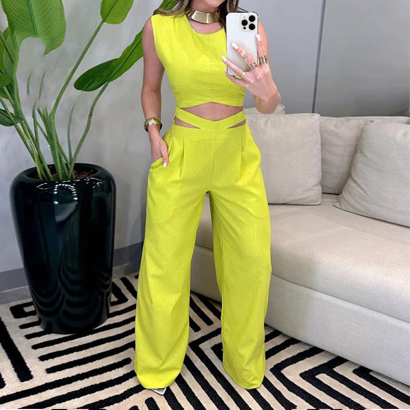 Female Fashion Hot Girl Backless Slim Fit Yellow Suit