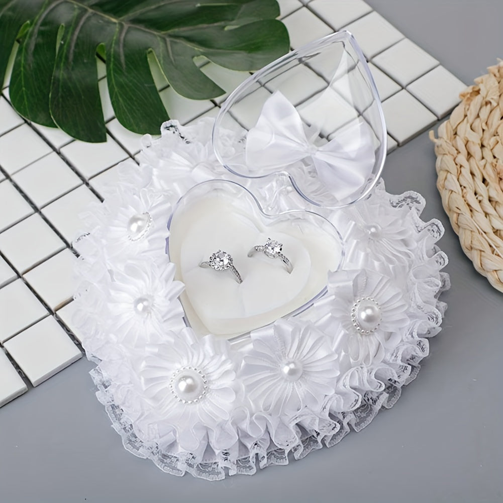 Elegant Heart-Shaped Pearl Ring Pillow - Fabric Tea Flower Design for Wedding Proposals & Engagements, Perfect Ceremony Prop