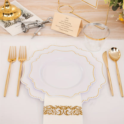 175 PCS Deluxe Plastic Party Plates Set - Cutlery Sets for 25 Guests with Dinner, Dessert, Cups, Napkins and Utensils - Perfect for Wedding, Party, and Special Occasions with White and Golden, Black and Golden