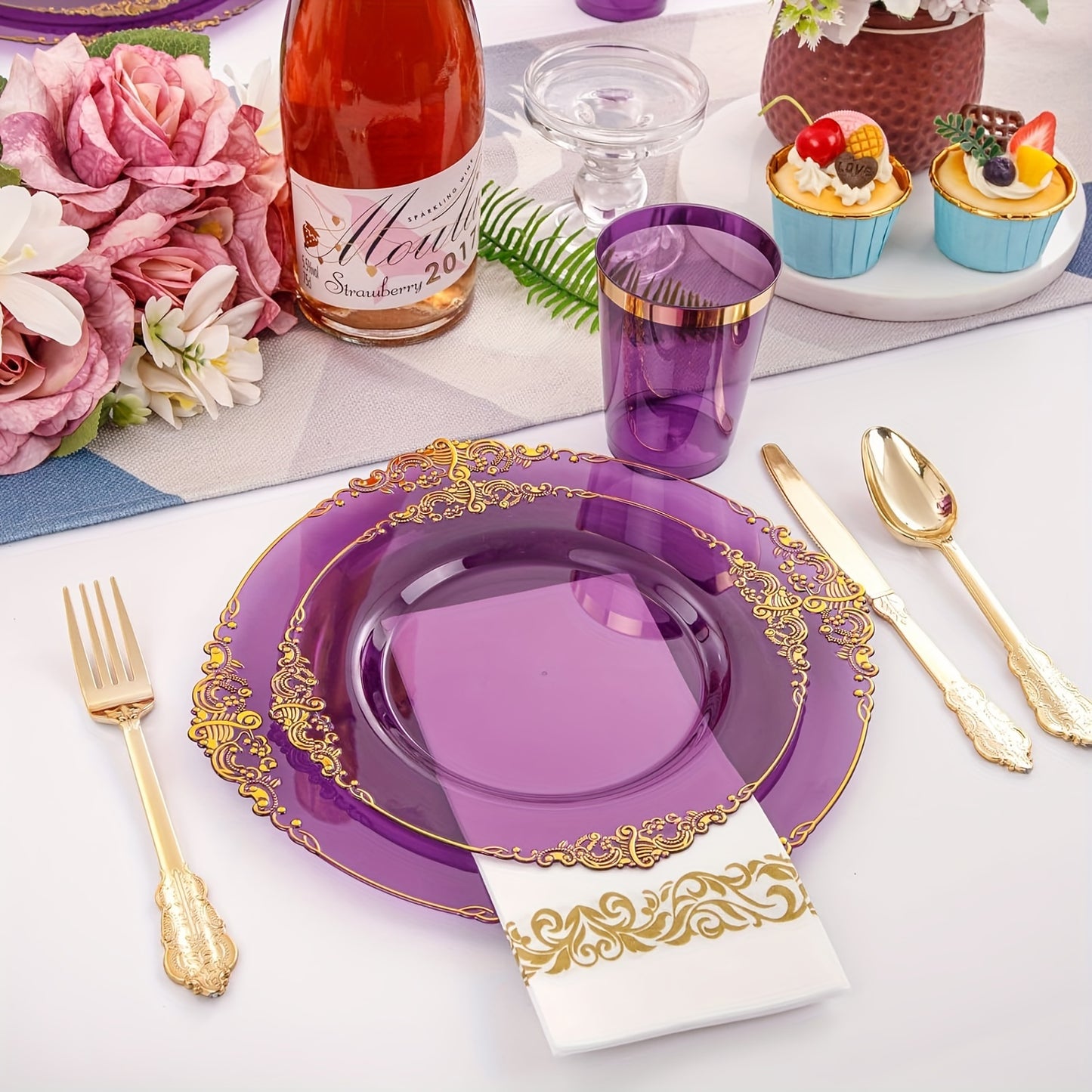 350PCS Pink and Gold Plastic Plates - Pink Plastic Dinnerware Sets for 50 Guests - 100 Pink Disposable Plates, 150 Gold Plastic Silverware, 50 Cups, 50 Napkins for Wedding & Mother's Day