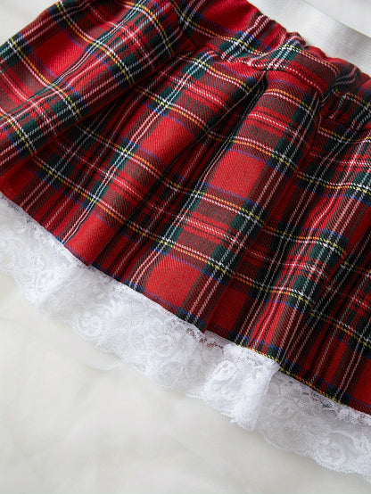 Tartan School Costume Lingerie Set - Sexy Women's Sleep and Lounge Wear with Thong, Plaid Pattern, and Comfortable Design