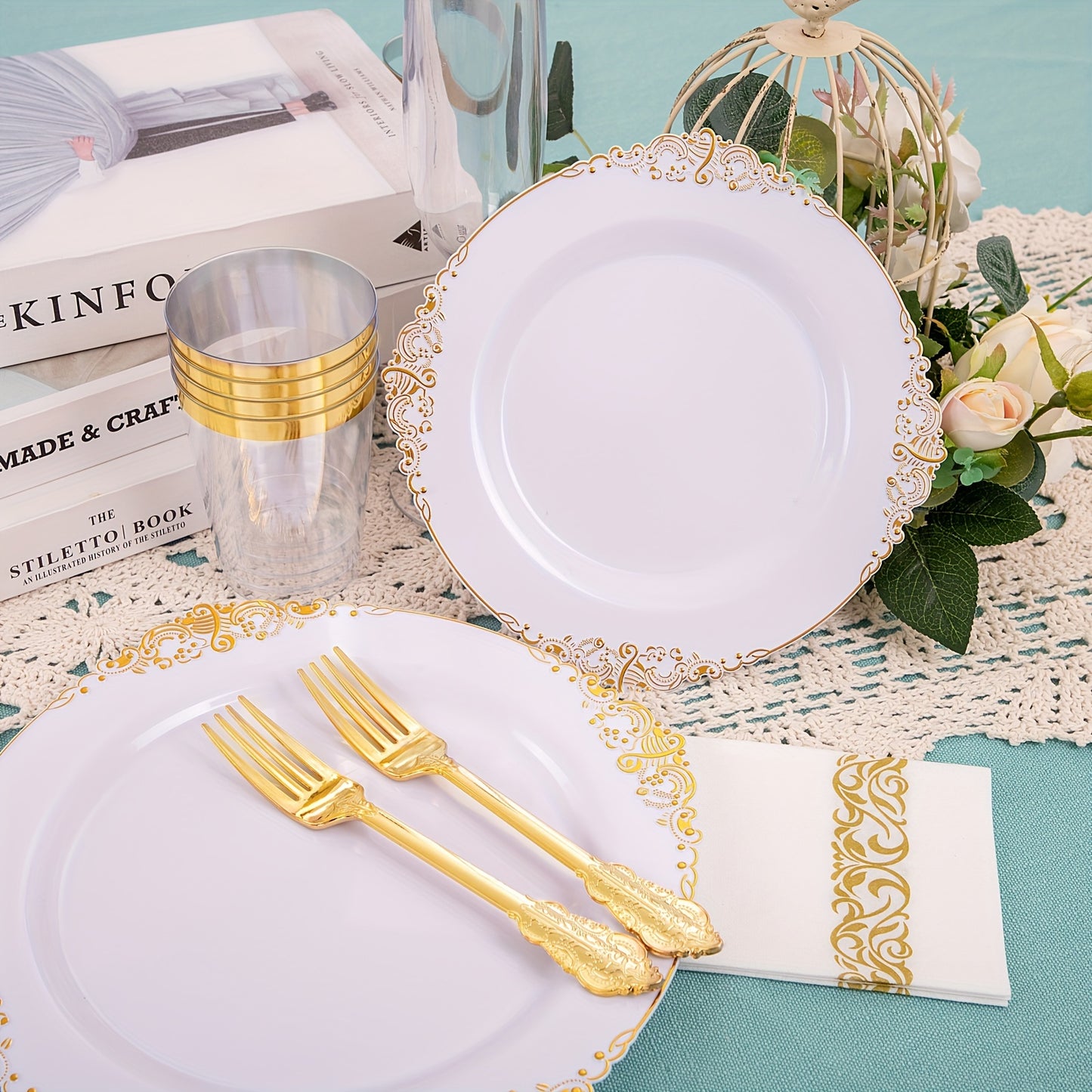 700PCS Pink&Gold&Silver Plastic Plates - Plastic Dinnerware Sets For 100 Guests - 200 Disposable Plates, 300 Gold Plastic Silverware, 100 Cups, 100 Napkins For Wedding & Party