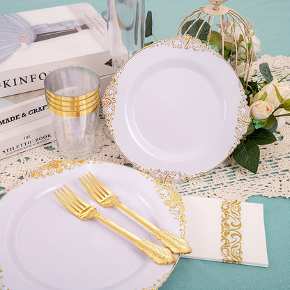 700PCS Pink&Gold&Silver Plastic Plates - Plastic Dinnerware Sets For 100 Guests - 200 Disposable Plates, 300 Gold Plastic Silverware, 100 Cups, 100 Napkins For Wedding & Party