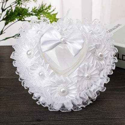 Elegant Heart-Shaped Pearl Ring Pillow - Fabric Tea Flower Design for Wedding Proposals & Engagements, Perfect Ceremony Prop