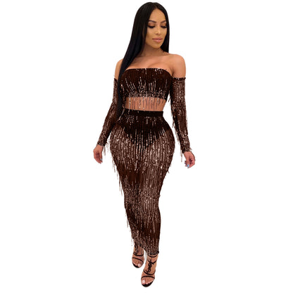 Fashion Sexy See-through Mesh Sequins Tassel Two-piece Set