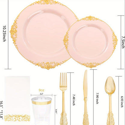 350PCS Pink and Gold Plastic Plates - Pink Plastic Dinnerware Sets for 50 Guests - 100 Pink Disposable Plates, 150 Gold Plastic Silverware, 50 Cups, 50 Napkins for Wedding & Mother's Day