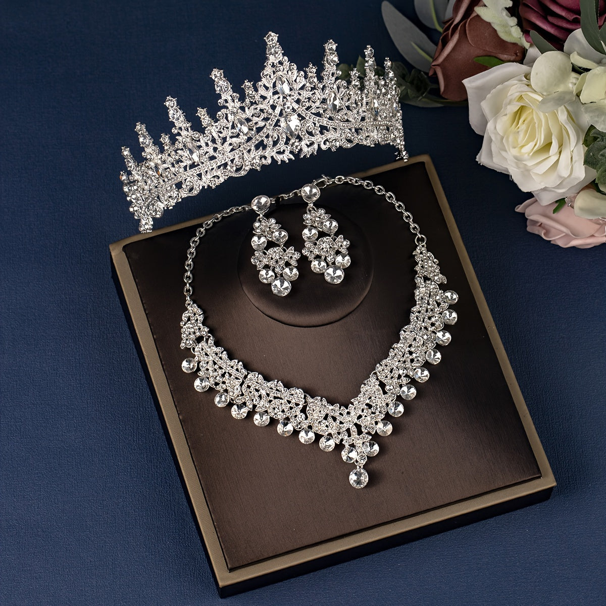 4pcs Exquisite Bridal Jewelry Set - Luxurious Rhinestone Necklace, Crown, Earrings and Tiara for Weddings, Parties, Stage Performances and Special Occasions - Add a Touch of Glamour and Elegance to Your Big Day