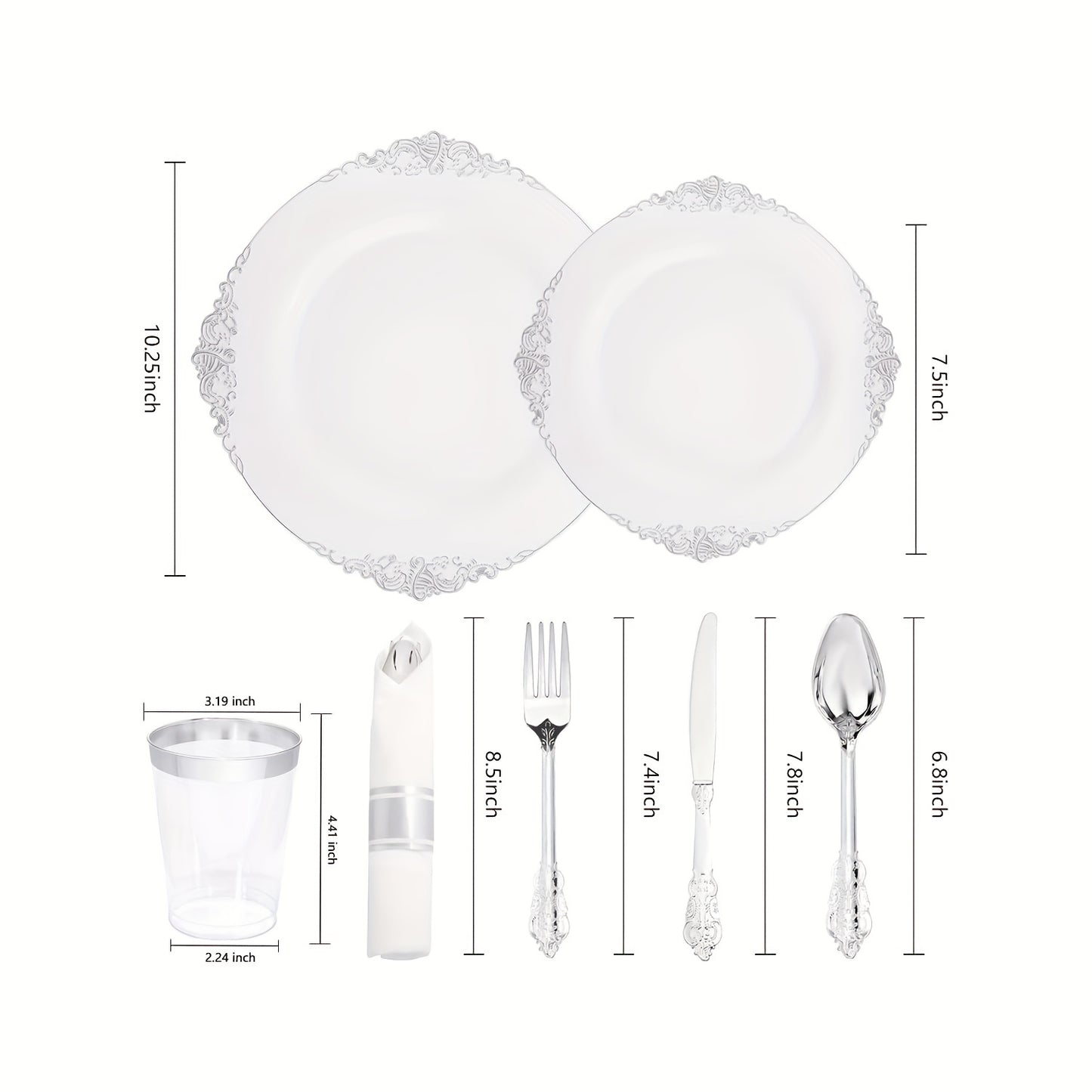 350PCS Liacere Silver Plastic Tableware Set - 100 Disposable Plates, 150 Cutlery, 50 Cups, 50 Napkins, Pre-Rolled Napkins for 50 Guests, Perfect for Weddings, Parties, Mother's Day, and Christmas Celebrations