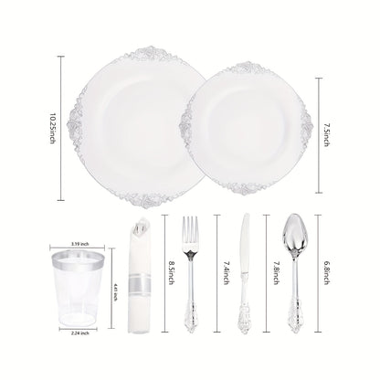 350PCS Liacere Silver Plastic Tableware Set - 100 Disposable Plates, 150 Cutlery, 50 Cups, 50 Napkins, Pre-Rolled Napkins for 50 Guests, Perfect for Weddings, Parties, Mother's Day, and Christmas Celebrations