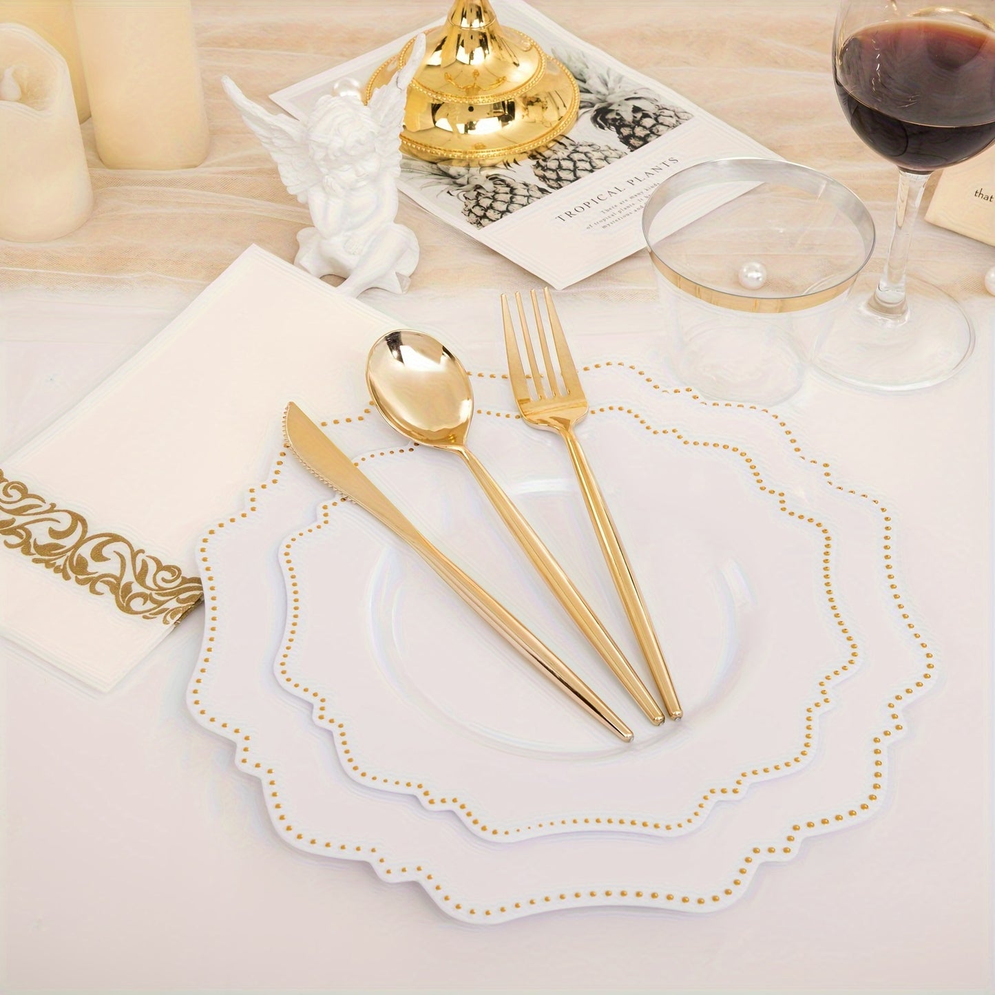 175 PCS Deluxe Plastic Party Plates Set - Cutlery Sets for 25 Guests with Dinner, Dessert, Cups, Napkins and Utensils - Perfect for Wedding, Party, and Special Occasions with White and Golden, Black and Golden