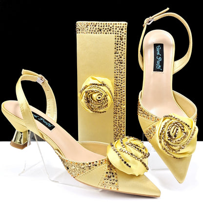 Women's Shoes And Bags Handmade Flower Decoration High Temperature Rhinestone Satin High Heels Suit