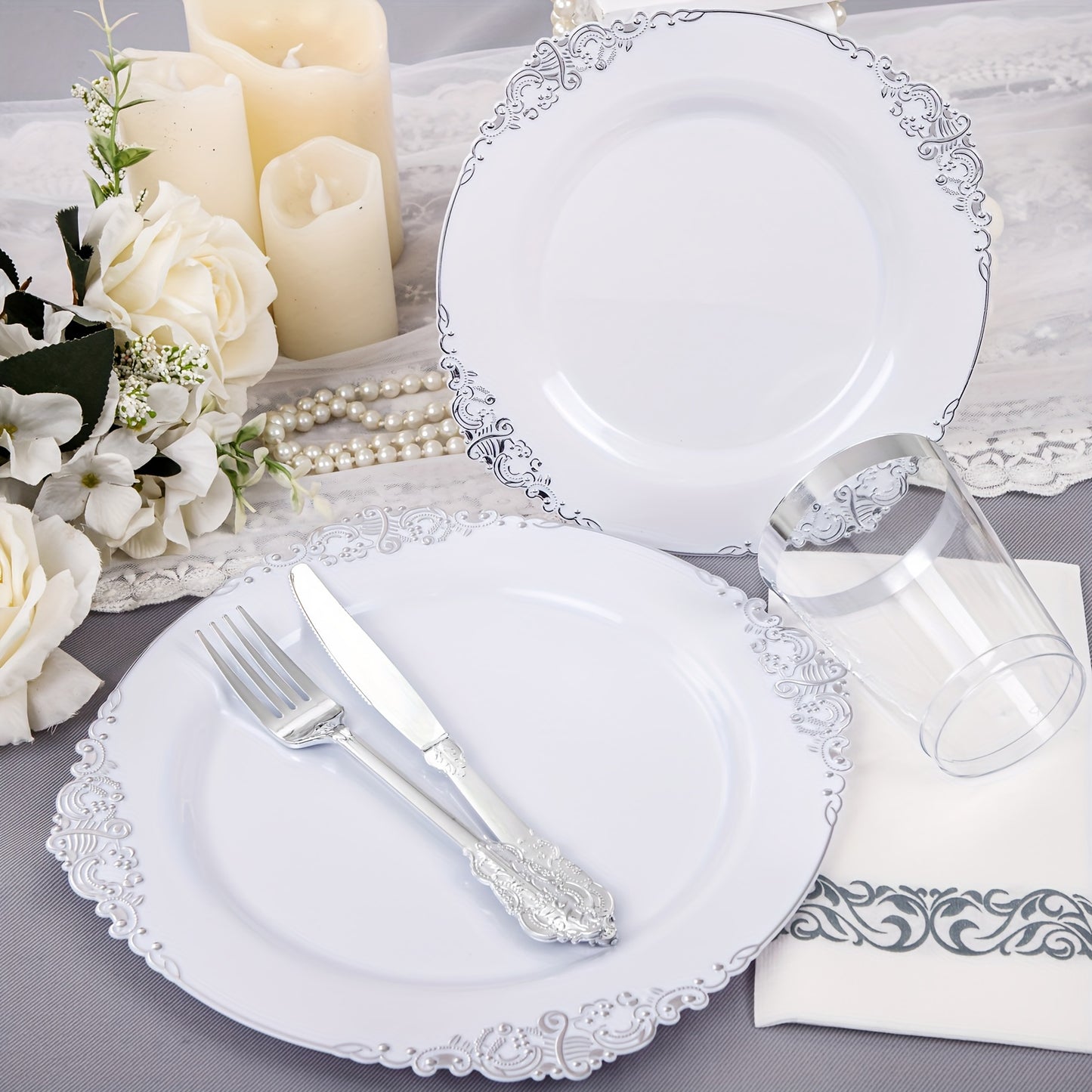 700 PCS Gold&Silver Plastic Plates - Gold Plastic Dinnerware Sets For 100 Guests - 200 Gold Disposable Plates, 300 Gold Plastic Silverware, 100 Cups, 100 Napkins For Wedding & Party