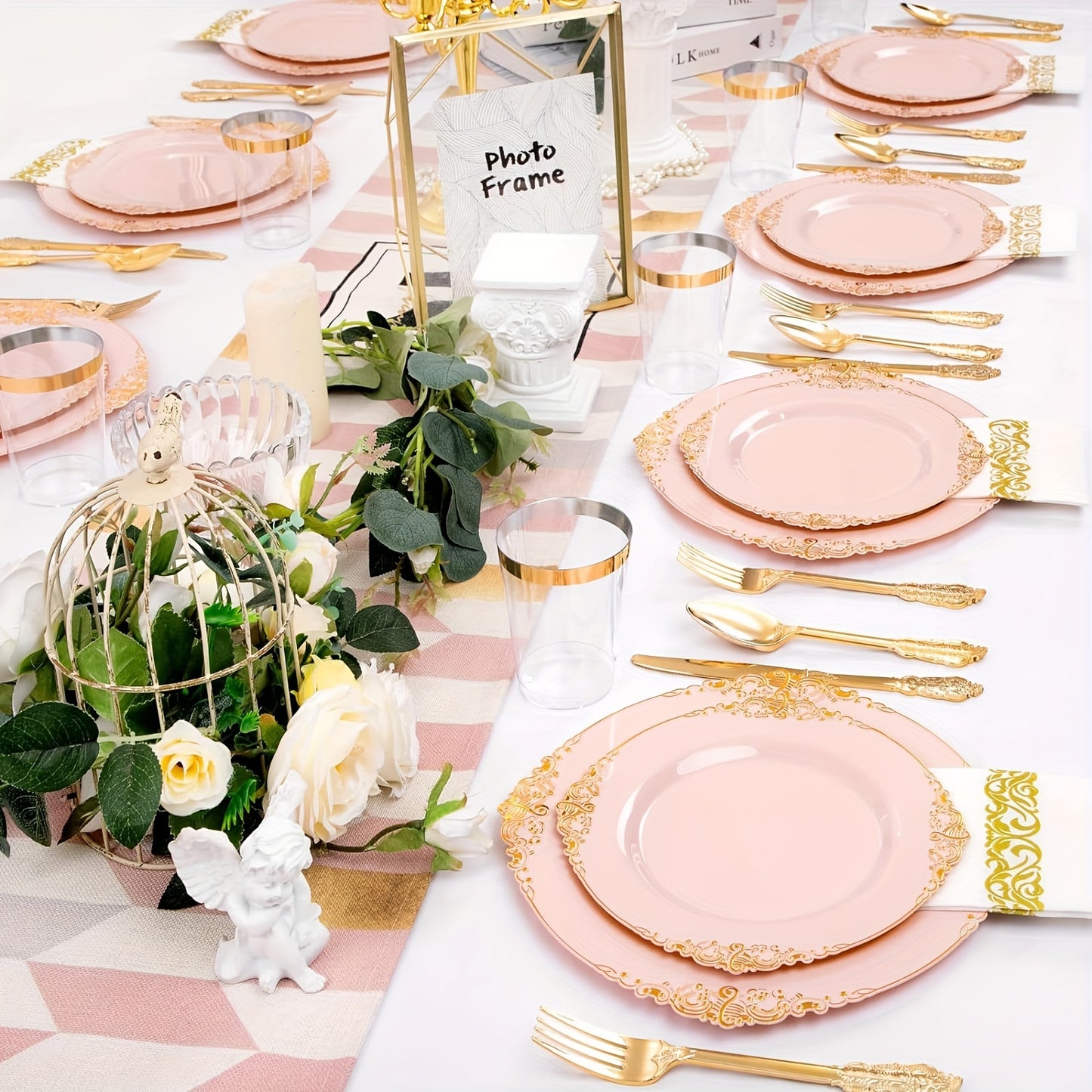 350PCS Pink and Gold Plastic Plates - Pink Plastic Dinnerware Sets for 50 Guests - 100 Pink Disposable Plates, 150 Gold Plastic Silverware, 50 Cups, 50 Napkins for Wedding & Mother's Day