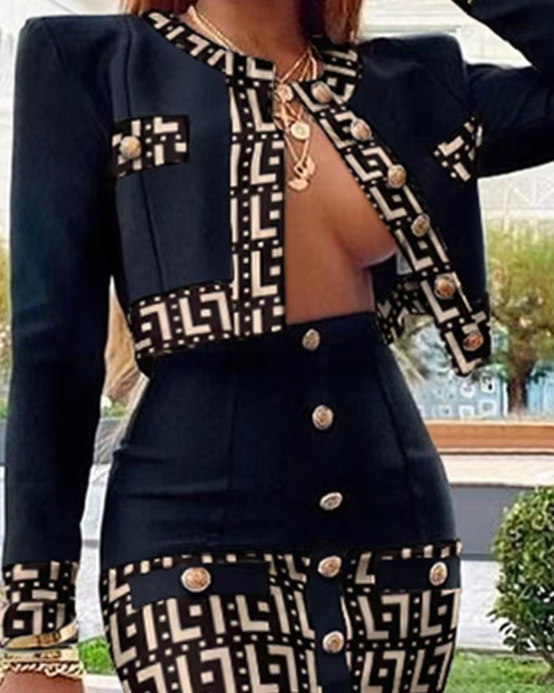 Fashion Print Stitching Suit Jacket Mid-length Dress Set