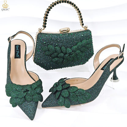 Cross-border Ladies Party Shoes Bag Set Handmade Leaf Decorative Wine Glass Heel