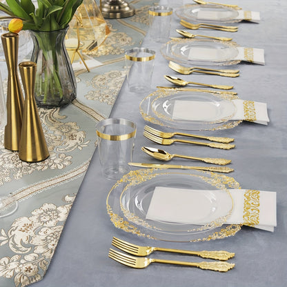 175PCS Clear Golden Plastic Plates - Golden Disposable Plates for 25 Guests Include 25Dinner Plates, 25Dessert Plates, 25Cups, 25Forks, 25Knives, 25Spoons, 25Napkins for Wedding & Party