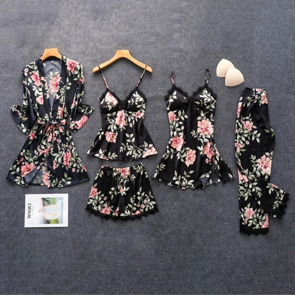 Pajamas Printed Women's Imitation Sling Sleeping Loose Comfortable Lace Five-piece Set