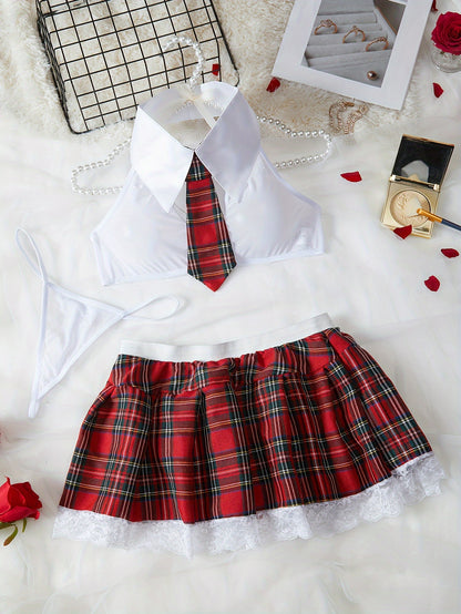 Tartan School Costume Lingerie Set - Sexy Women's Sleep and Lounge Wear with Thong, Plaid Pattern, and Comfortable Design