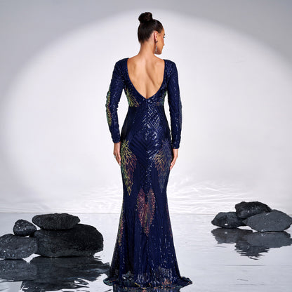 Long Sleeve Temperament Crew Neck Sexy Long Sequined Banquet Evening Dress