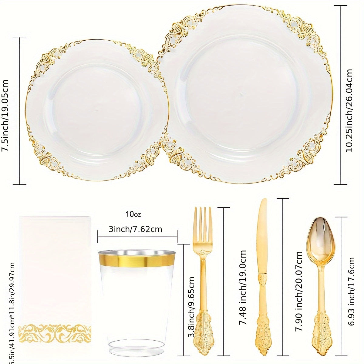 175PCS Clear Golden Plastic Plates - Golden Disposable Plates for 25 Guests Include 25Dinner Plates, 25Dessert Plates, 25Cups, 25Forks, 25Knives, 25Spoons, 25Napkins for Wedding & Party