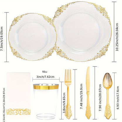 175PCS Clear Golden Plastic Plates - Golden Disposable Plates for 25 Guests Include 25Dinner Plates, 25Dessert Plates, 25Cups, 25Forks, 25Knives, 25Spoons, 25Napkins for Wedding & Party