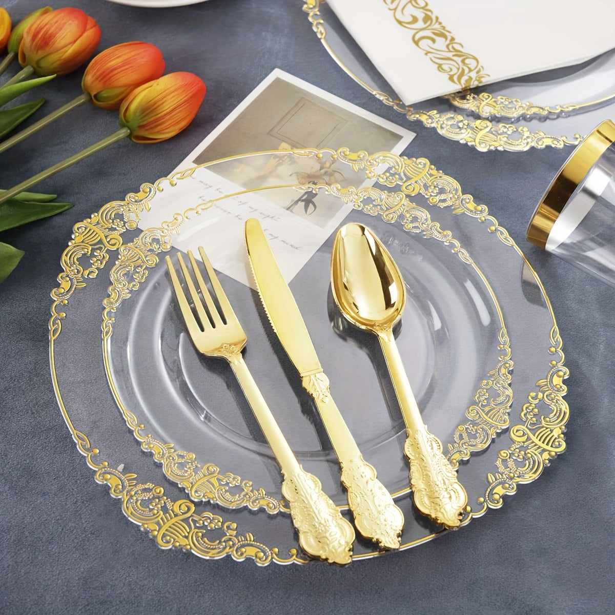 175PCS Clear Golden Plastic Plates - Golden Disposable Plates for 25 Guests Include 25Dinner Plates, 25Dessert Plates, 25Cups, 25Forks, 25Knives, 25Spoons, 25Napkins for Wedding & Party