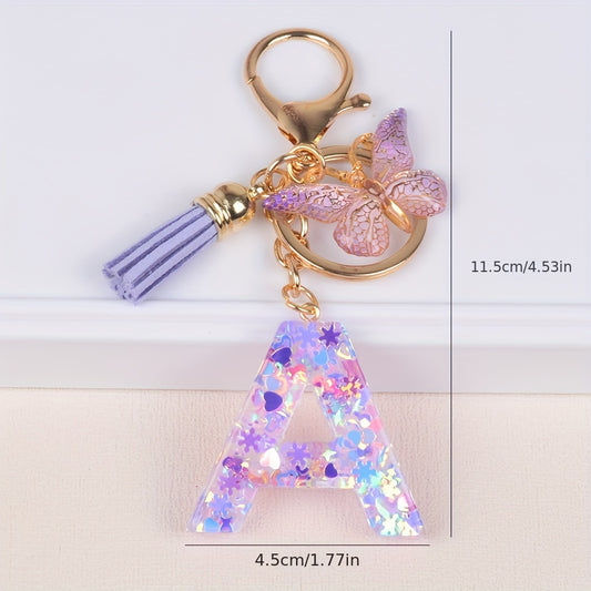 Alphabet Initial Letter Keychain Cute Butterfly Resin Key Chain Ring Purse Bag Backpack Charm Earbud Case Cover Accessories Women Gift