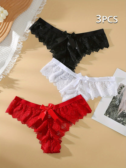 3pcs Solid Lace Thongs, Sexy Comfy Breathable Stretchy Intimates Panties, Women's Lingerie & Underwear