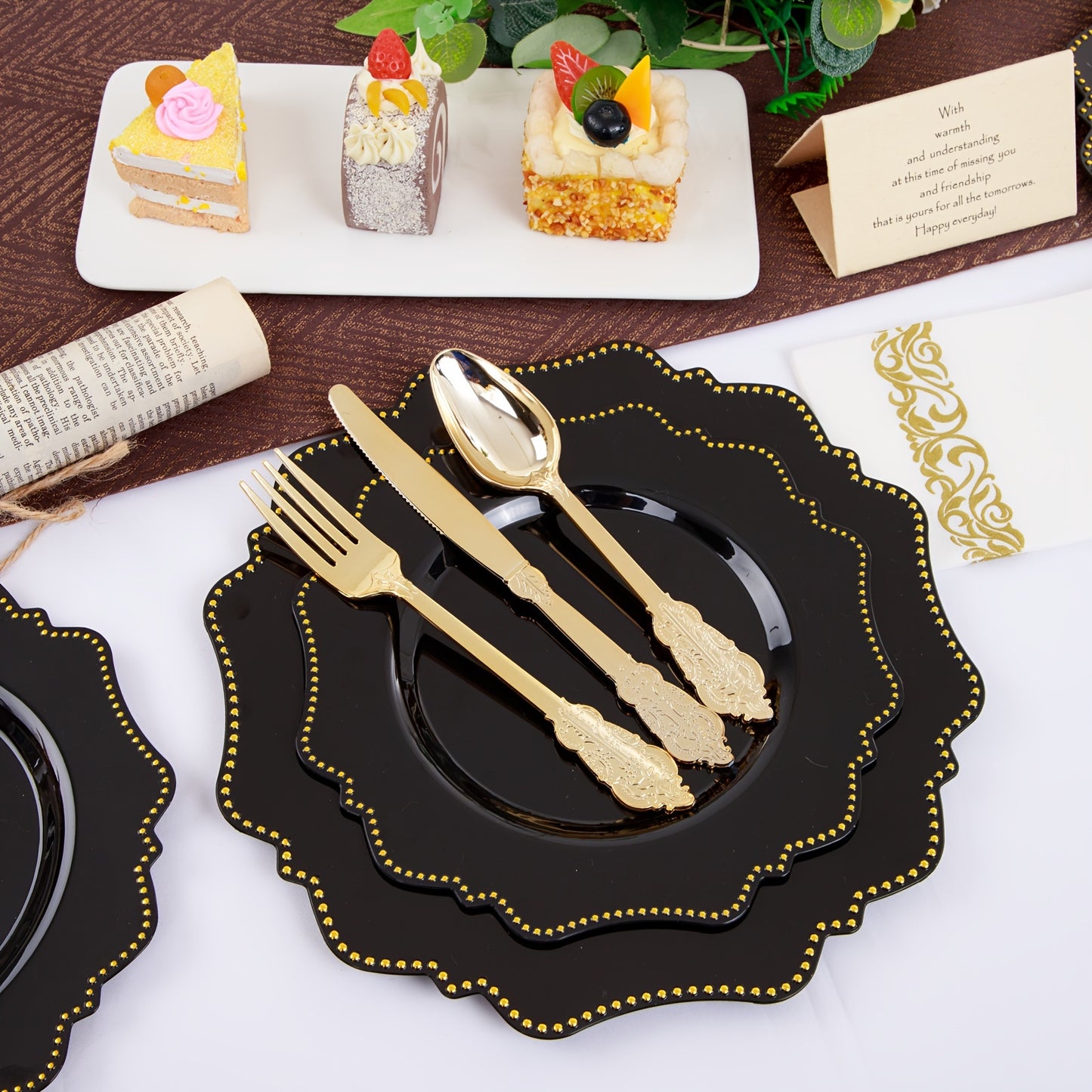 175 PCS Deluxe Plastic Party Plates Set - Cutlery Sets for 25 Guests with Dinner, Dessert, Cups, Napkins and Utensils - Perfect for Wedding, Party, and Special Occasions with White and Golden, Black and Golden