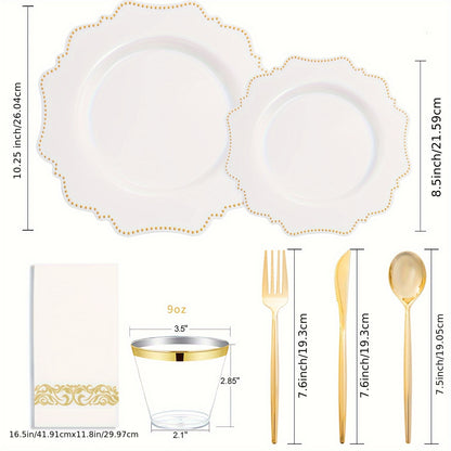 175 PCS Deluxe Plastic Party Plates Set - Cutlery Sets for 25 Guests with Dinner, Dessert, Cups, Napkins and Utensils - Perfect for Wedding, Party, and Special Occasions with White and Golden, Black and Golden