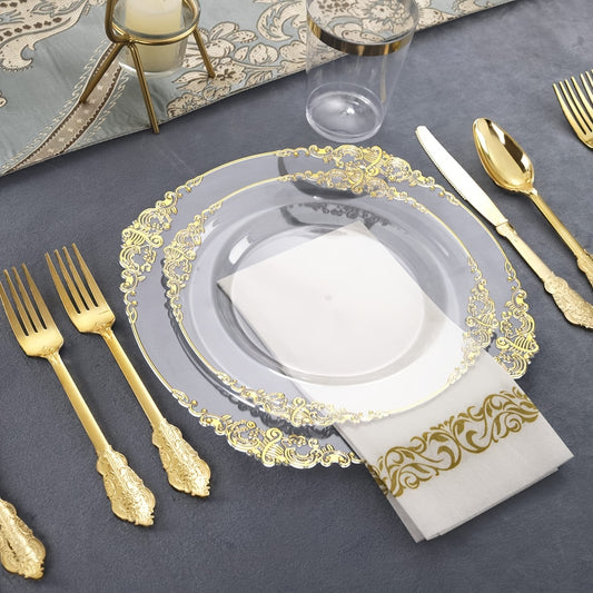 175PCS Clear Golden Plastic Plates - Golden Disposable Plates for 25 Guests Include 25Dinner Plates, 25Dessert Plates, 25Cups, 25Forks, 25Knives, 25Spoons, 25Napkins for Wedding & Party