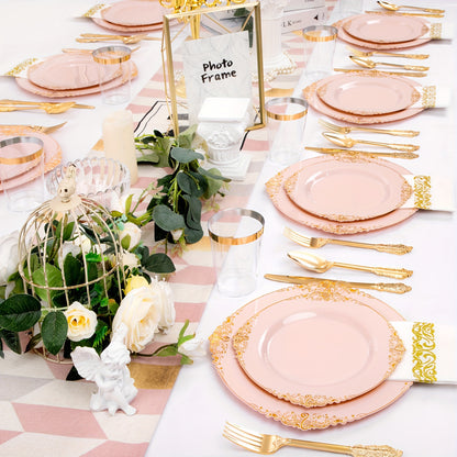 700PCS Pink&Gold&Silver Plastic Plates - Plastic Dinnerware Sets For 100 Guests - 200 Disposable Plates, 300 Gold Plastic Silverware, 100 Cups, 100 Napkins For Wedding & Party