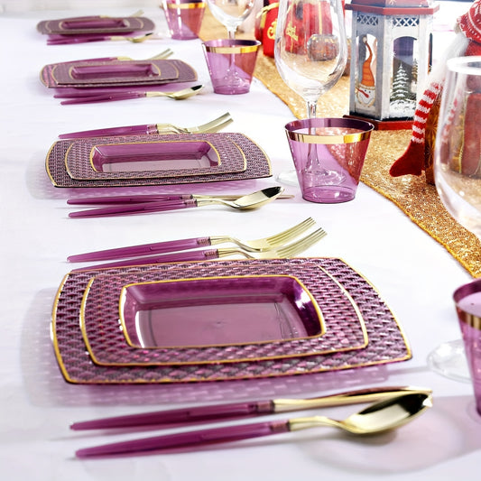 150PCS Purple Plastic Plates - Purple Square Disposable Plates - Golden Plastic Plates Include 25Dinner Plates, 25Dessert Plates, 25Cups, 25Forks, 25Knives, 25Spoons for Wedding