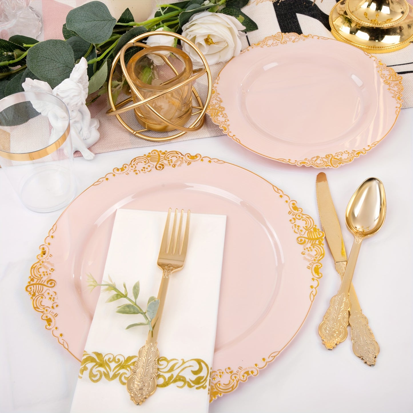 700PCS Pink&Gold&Silver Plastic Plates - Plastic Dinnerware Sets For 100 Guests - 200 Disposable Plates, 300 Gold Plastic Silverware, 100 Cups, 100 Napkins For Wedding & Party