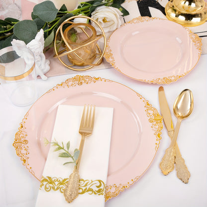 700PCS Pink&Gold&Silver Plastic Plates - Plastic Dinnerware Sets For 100 Guests - 200 Disposable Plates, 300 Gold Plastic Silverware, 100 Cups, 100 Napkins For Wedding & Party