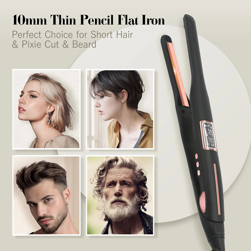 Mini Hair Straightener Curler Titanium Thin Plate Pencil Flat Iron For Short Hair Beard Pixie Cut Salon Styling Tool 100-240V