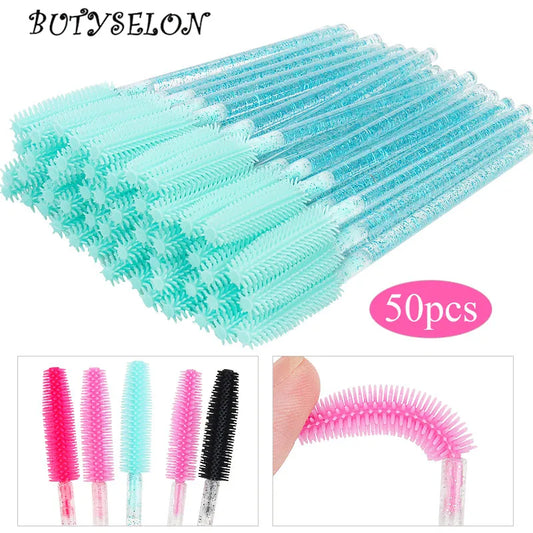 50pcs Disposable Eyelash brushes silicon microbrush Comb crystal Handle Mascara Wands Makeup Tool Eyebrow Lash Extension Brush