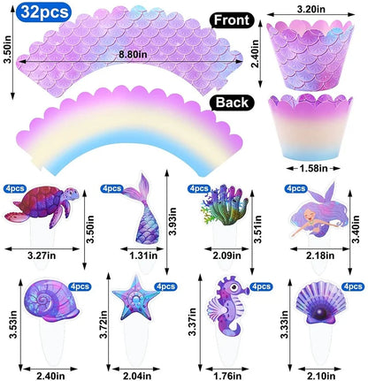 16pcs-Mermaid Cupcake Toppers Wrappers Mermaid Cupcake Liners Under The Sea Cake Decorations Birthday Party Dessert Dress Up Supplies