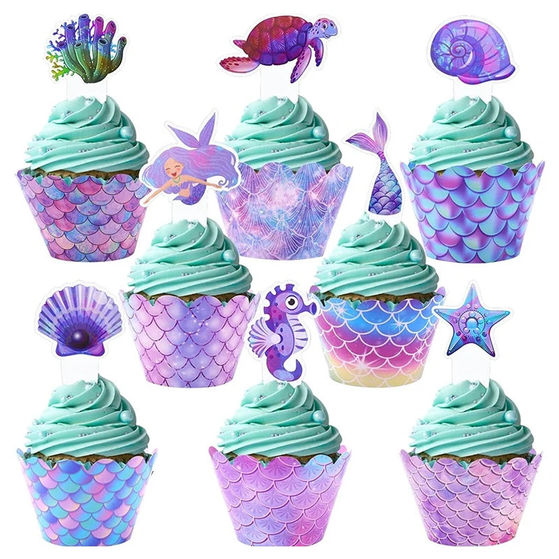 16pcs-Mermaid Cupcake Toppers Wrappers Mermaid Cupcake Liners Under The Sea Cake Decorations Birthday Party Dessert Dress Up Supplies