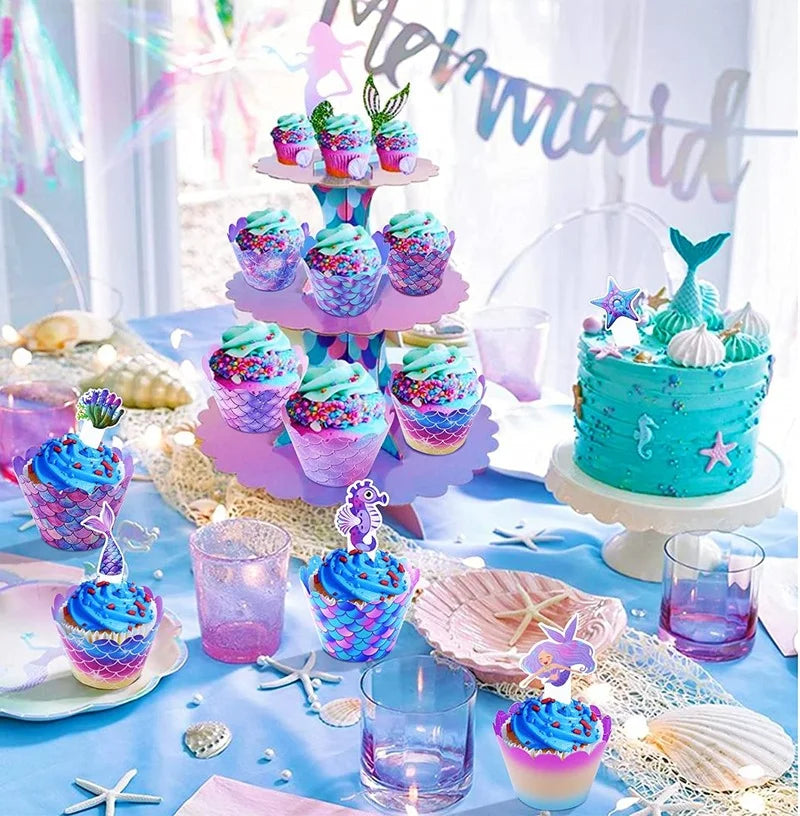 16pcs-Mermaid Cupcake Toppers Wrappers Mermaid Cupcake Liners Under The Sea Cake Decorations Birthday Party Dessert Dress Up Supplies