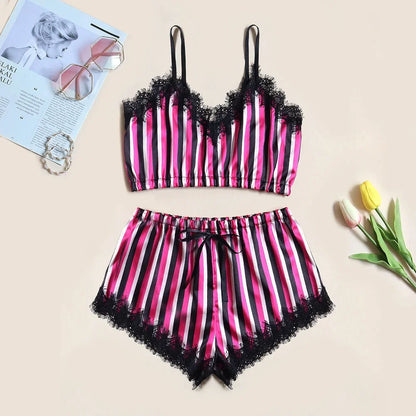 1set Lingerie Sexy Bra Set Women's Sleepwear Sleeveless Strap Lace Trim Satin Cami Tops Pajama Sets Bras Women Brief Sets